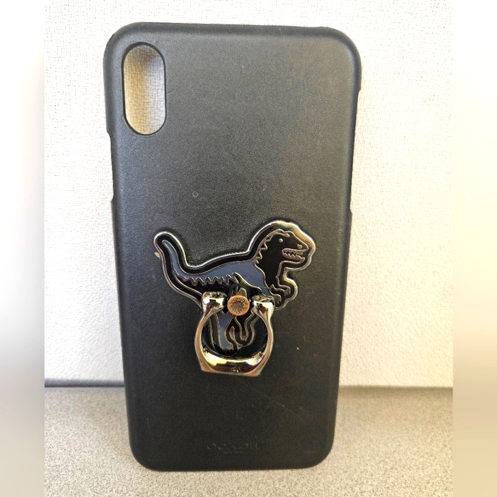 Coach IPhone X & XS Genuine Leather Case With Rexy Dinosaur Phone Ring Grip EUC